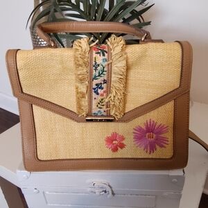 Anne Klein Yellow and Tan Embroidered Satchel